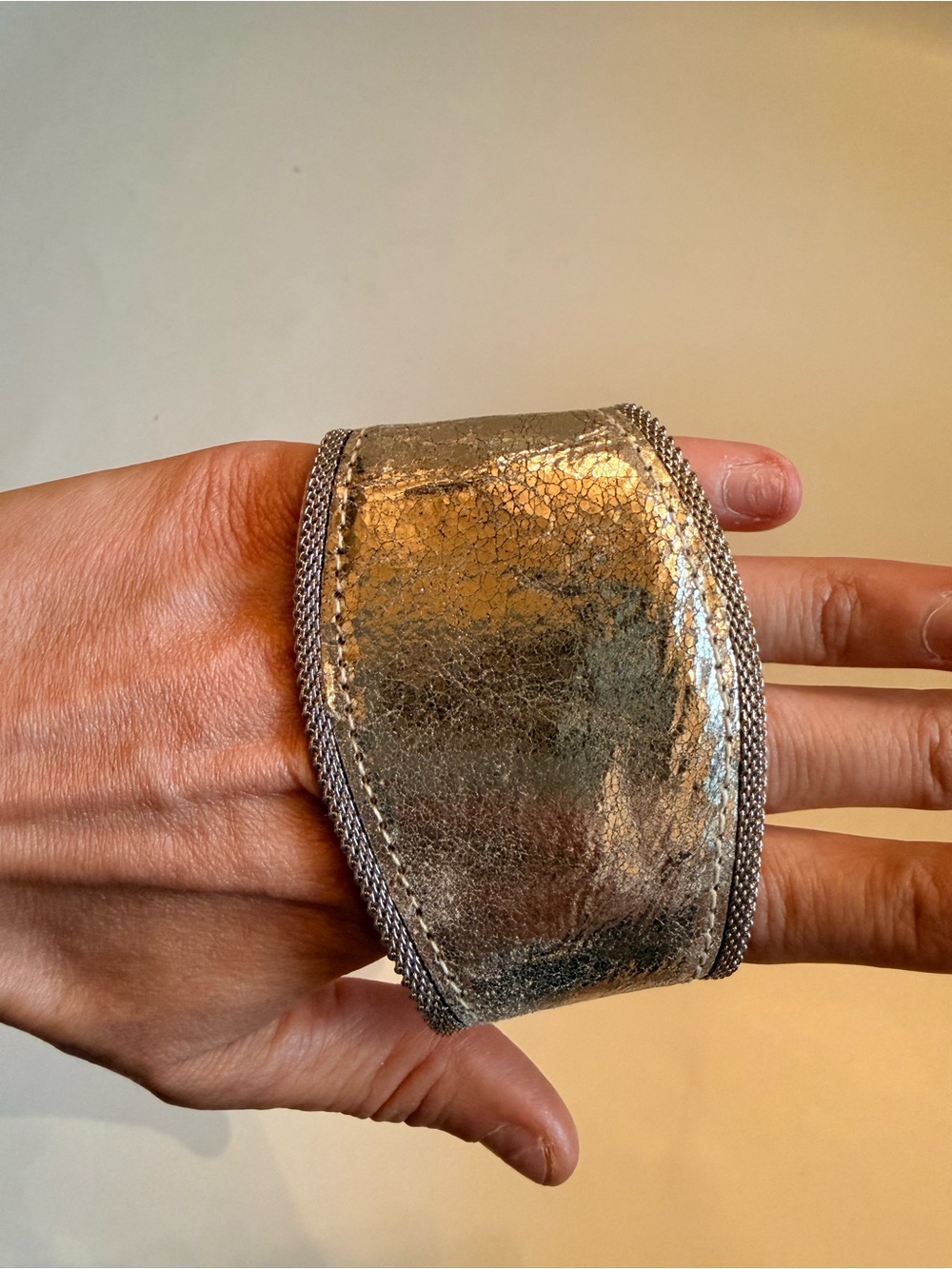 Free People Leather Metallic Gold Leather Wide Cuff Bracelet Chain Trim NW